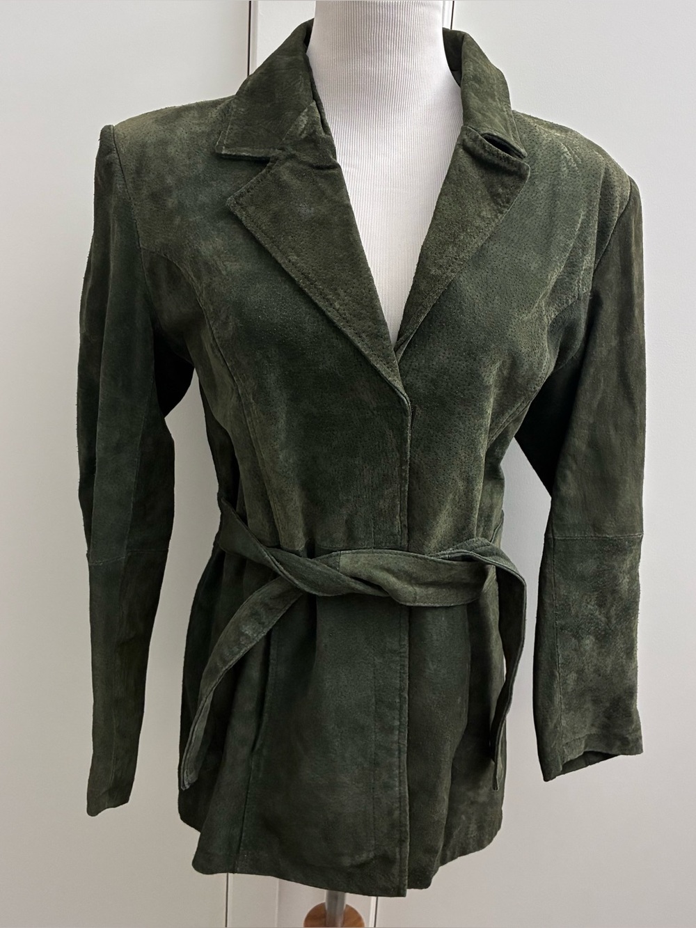 Vtg Charlotte Russe Large Jacket Olive Green Suede Genuine Leather Tie Waist